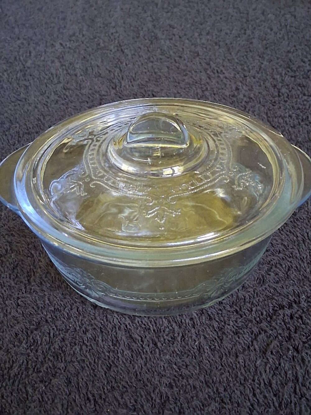 🔥👑Fire‑King Philbe Faerie Casserole • 5" Clear Glass w/ Blue Aura • 1930s–40s